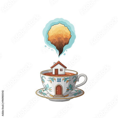 Whimsical house in a teacup with smoke.