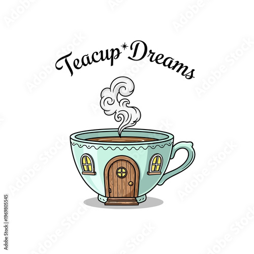 Whimsical illustration of a teacup with a door and steam rising.
