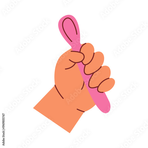 Cute baby hand holding a pink spoon, colorful flat retro style. Whimsical minimalist hand drawn vector illustration for child feeding, first solids, nursery or kitchen decor. Isolated on white