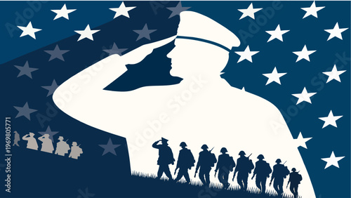 Saluting Soldier Silhouette with Double Exposure Troops and USA Stars