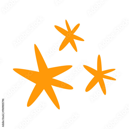 Three orange stars in different sizes, colorful flat retro style. Whimsical minimalist hand drawn vector illustration for baby nursery, space theme, magic or celebration decor. Isolated on white