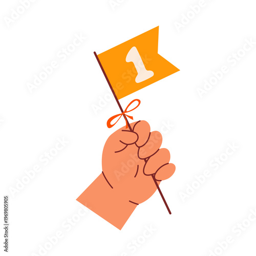 Cute baby hand holding a small flag with number one, colorful flat retro style. Whimsical minimalist hand drawn vector illustration for first birthday, anniversary. Isolated on white background.