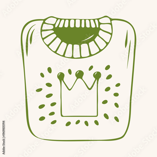 Cute baby sweater with a golden crown and ruffle detail, green outline doodle flat retro style. Whimsical minimalist hand drawn vector illustration for prince birthday, infant clothes on beige
