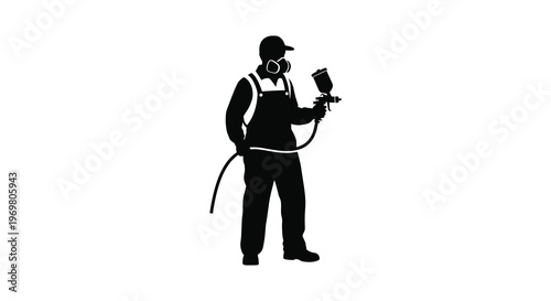 Painter using spray gun protective gear visible in stark contrast silhouette