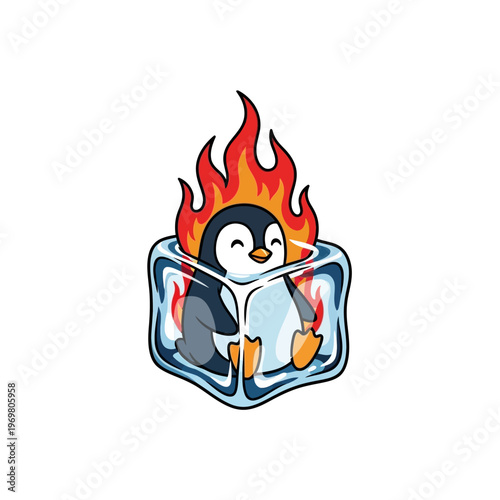 Cartoon penguin in ice cube with flames.