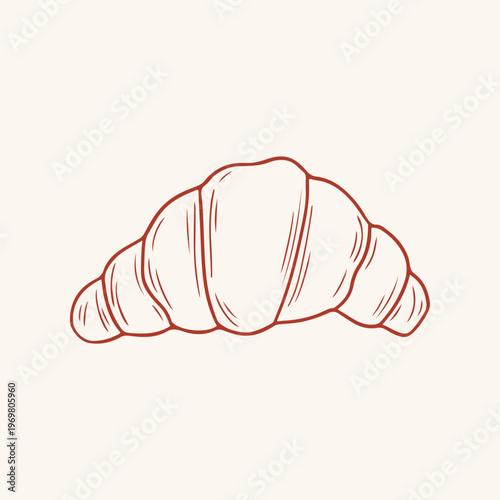 Traditional croissant vector illustration, red outline style on a beige background. Minimalist hand drawn art for bakery flyer, coffee house menu, food blog graphic, poster, bakery social media