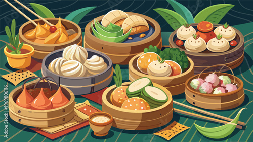 A delightful assortment of various Chinese dim sum dishes, including steamed dumplings, buns, and other delicacies, served in traditional bamboo steamers, showcasing a rich culinary tradition