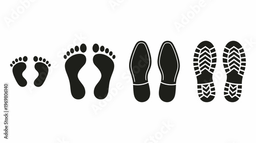 Set of black human footprints and shoe sole prints including baby feet, adult bare feet, formal shoes and sneaker tread, symbolizing life growth, illustrating personal journey or path