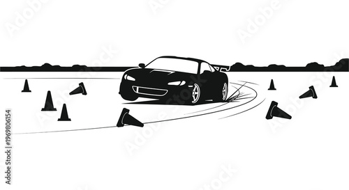 Sports car drifting through cones in a minimalist black silhouette