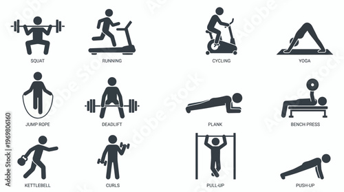 Collection of black flat vector icons showing various gym workout exercises and fitness activities on white background, illustrating training programs representing a healthy lifestyle