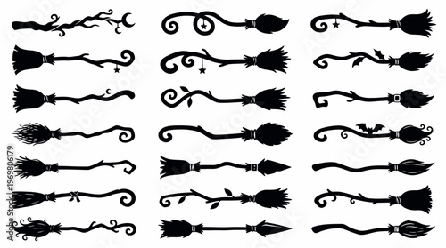 Set of various witch broom silhouettes with mystical handles featuring moons and bats on white, representing Halloween graphic design, symbolizing witchcraft or fantasy art elements