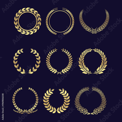 Set of Golden Laurel Wreaths and Frames
