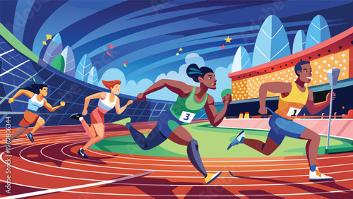 Athletes competing in a thrilling race on a vibrant track stadium under a bright sky, showcasing the dynamic energy of a sporting event