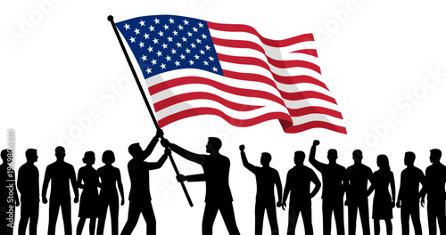 Patriotic American Citizens Raising the US National Flag Together, Vector Illustration of Crowd with Waving American Flag on White Background