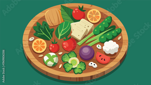 A vibrant platter of assorted healthy foods, featuring fresh vegetables like broccoli and cucumbers, fruits such as oranges and apples, and cubes of cheese and tofu, arranged artfully on a wooden base