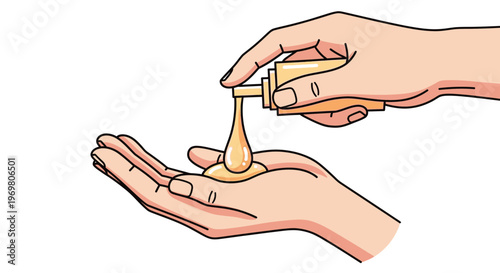 Hands dispensing liquid from a bottle in a skincare application  