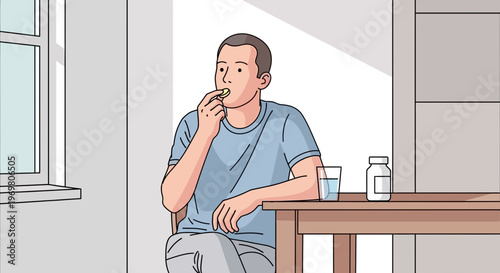 Man eating cookie while sitting at table in bright indoor space  