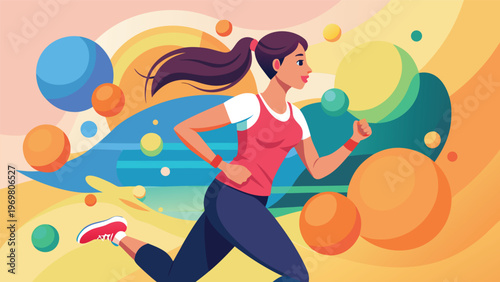 Woman running energetically through colorful abstract landscape fitness, cardio, active lifestyle, outdoor exercise illustration