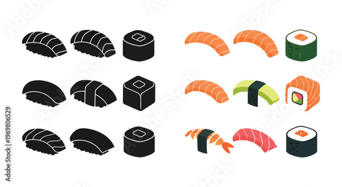 Various sushi pieces depicted in a flat graphic style silhouette