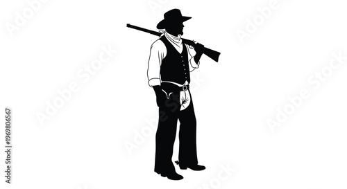 A lone cowboy stands guard with a rifle a striking black silhouette