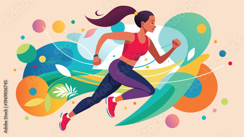 Woman running energetically through colorful abstract landscape fitness, cardio, active lifestyle, outdoor exercise illustration