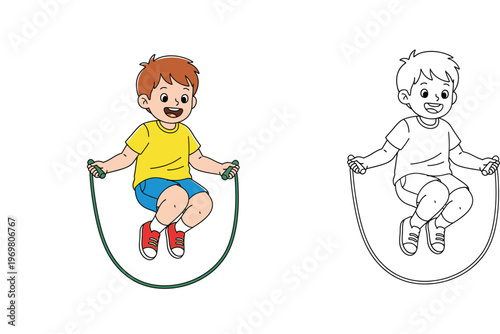 Cute Boy Skipping Rope Illustration Set with Colored Version and Black and White Line Art Outline for Coloring Book Kids Fitness Activity and Healthy Lifestyle Cartoon Vector