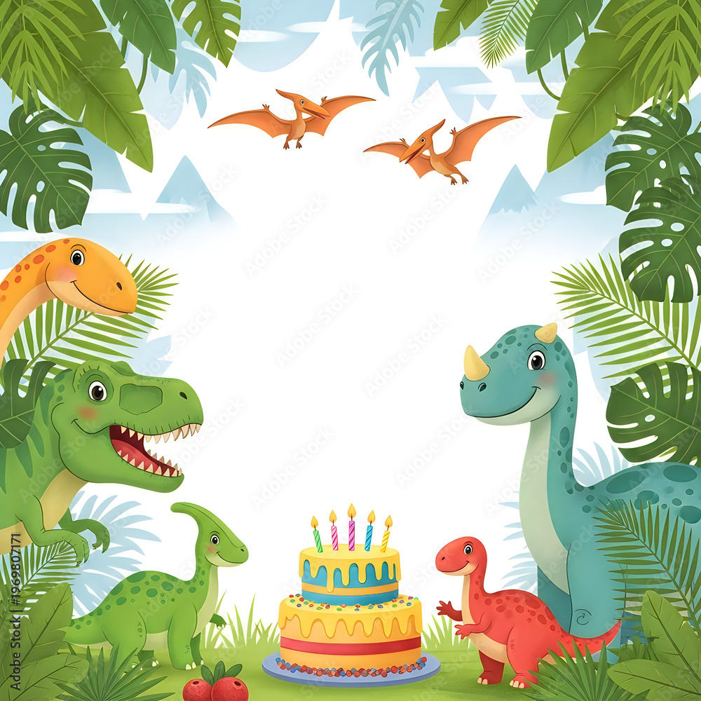 Naklejka premium Prehistoric birthday scene with dinosaurs and cake in tropical jungle