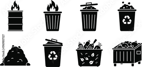 Trash cans silhouette collection isolated on transparent background