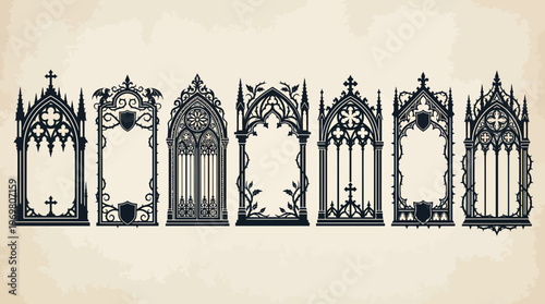 Ornate gothic arched window frames and medieval gate silhouettes collection on vintage parchment background, representing architectural design and symbolizing dark fantasy elements