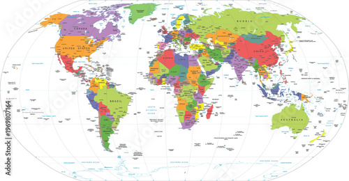Detailed political world map with colorful countries and major city labels on white background