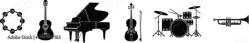 Musical instruments silhouette collection isolated on transparent background