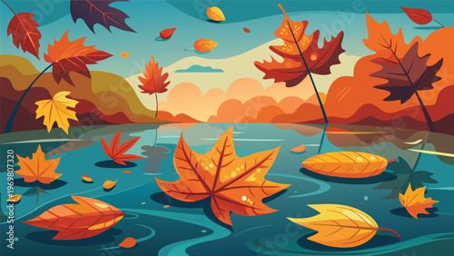 Autumn leaves gracefully falling from trees into puddles on a vibrant, stylized landscape under a cloudy sky, capturing the essence of the fall season