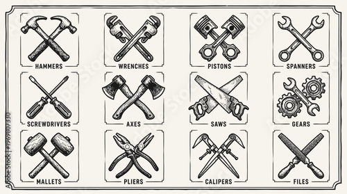 Vintage hand drawn set of crossed mechanical and carpentry hand tools icons in monochrome engraving style, representing workshop equipment and symbolizing industrial hardware service branding