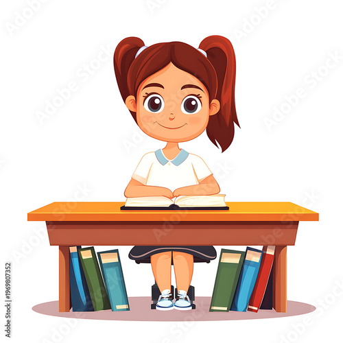 Cheerful schoolgirl at desk in cartoon style