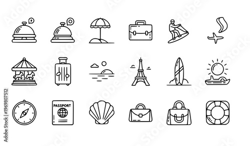 Rounded vacation outline icons set with beach travel and tourism elements soft line vector pack
