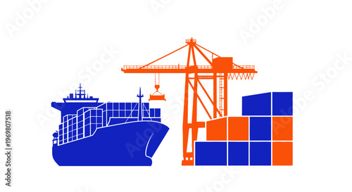 Cargo ship and crane loading containers in vibrant blue and orange  