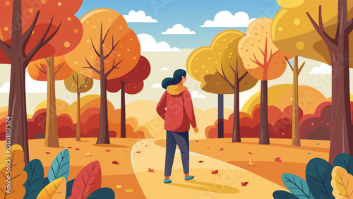 A person walks along a winding path through a park filled with autumn trees, their leaves a vibrant display of orange, red, and yellow, under a partly cloudy sky