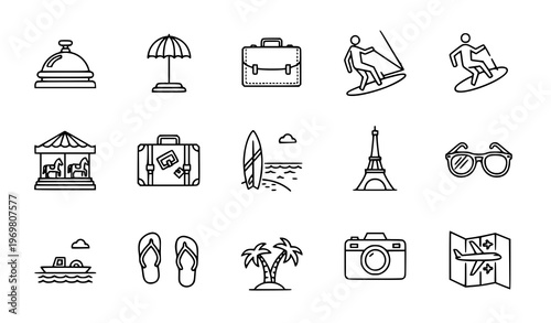 Monoline vacation icons set with travel beach and tourism symbols bold line vector collection