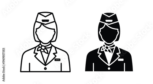 Two flight attendant icons depicted in a stark black and white silhouette