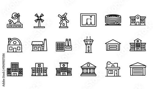 Rounded building outline icons set with architecture urban and construction elements soft line vector pack