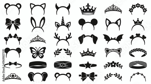 black silhouette headbands collection featuring crowns animal ears and floral tiaras isolated on white, representing creative accessory design and festive costume party digital assets
