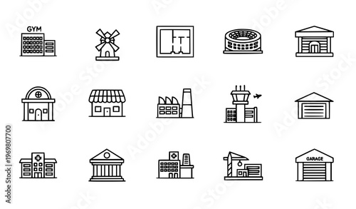 Building outline icons set with architecture construction and urban structures clean thin line vector