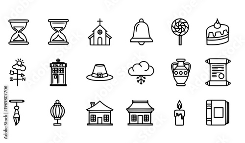 Monoline traditional icons set with cultural heritage and classic symbols bold line vector collection
