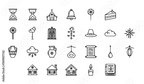 Geometric traditional line icons set with heritage cultural and classic symbols linear vector pack