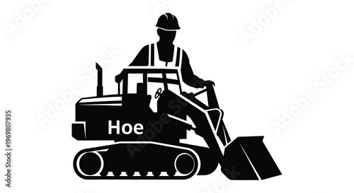 Construction worker operating a backhoe depicted in a stark silhouette