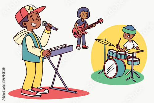Cartoon Music Instrument Character Musician Singer Band Vector Illustration Isolated Colorful Set

