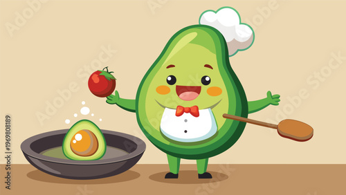 Friendly avocado chef cooking breakfast cute food mascot, playful culinary illustration for kids
