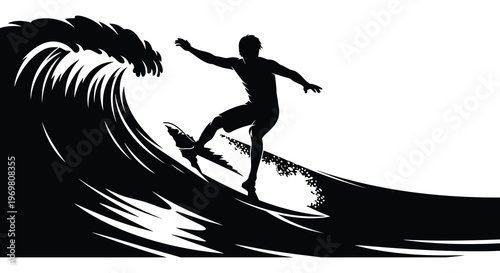 Surfer rides a powerful wave dynamic action captured in black silhouette