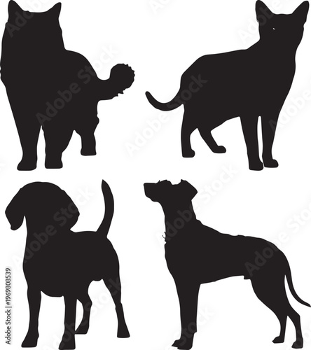 Black cat and dog silhouettes set, domestic pet animal vector collection, standing feline and canine shapes, isolated animal graphics for logos