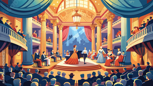 Grand ballroom concert elegant orchestra and soloists on stage, lavish theater interior, classical performance scene